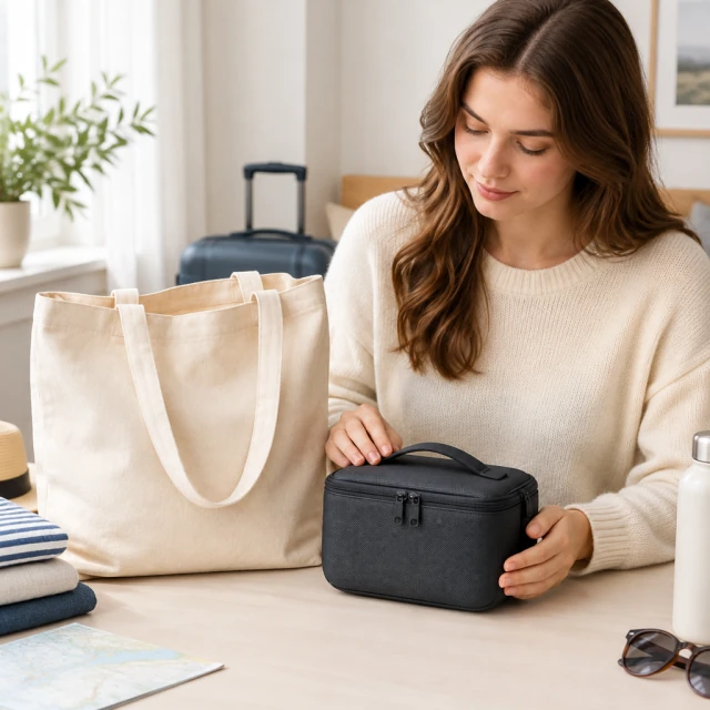 Natural canvas tote bag beside a compact dark travel case.