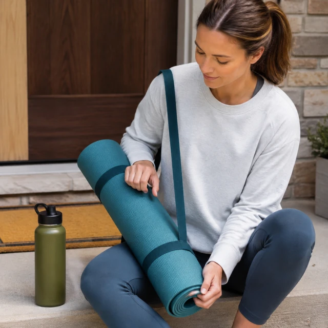 Rolled teal yoga mat with a carrying strap on a doorstep beside a green water bottle