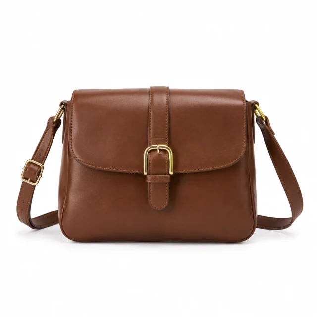 Leather crossbody bag, front view, on a pure white background