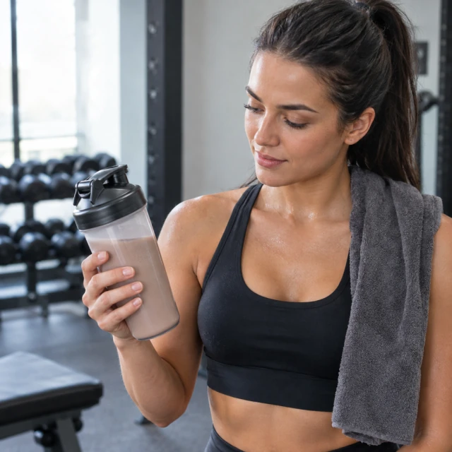 Adult holding a protein shaker bottle in a gym after a workout, lips closed