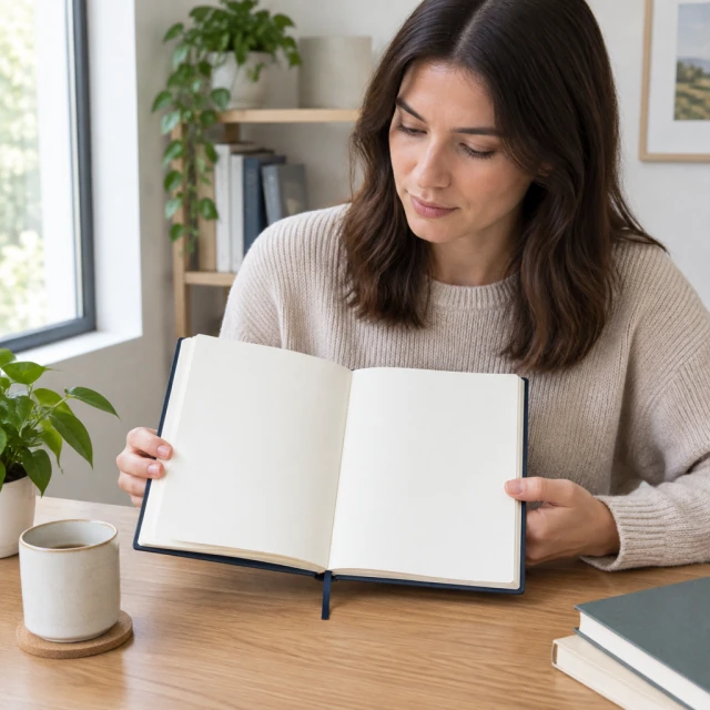 Adult holding an open hardcover planner with blank pages at a home desk, lips closed