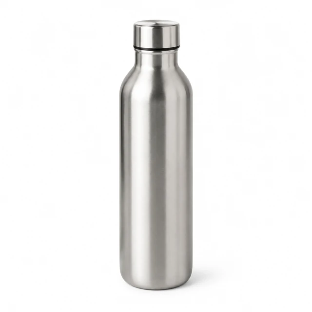 Brushed steel water bottle on a pure white background, soft contact shadow