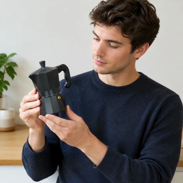 Presenter holding a compact espresso maker at chest height, looking at the product