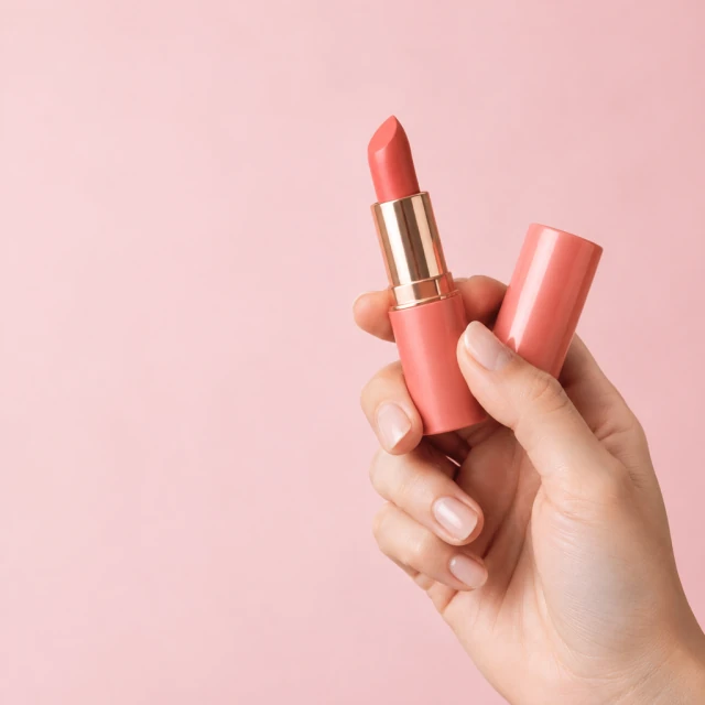 Hand holding a coral lipstick and its cap against a soft pink backdrop with open space on the left