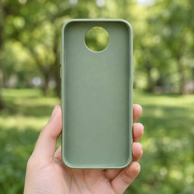 Empty sage green phone case with one round open camera cutout, held against a soft park background.