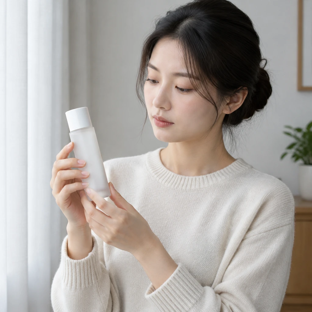 Adult presenter holding a plain skincare bottle at chest height, lips closed and gaze on the product.