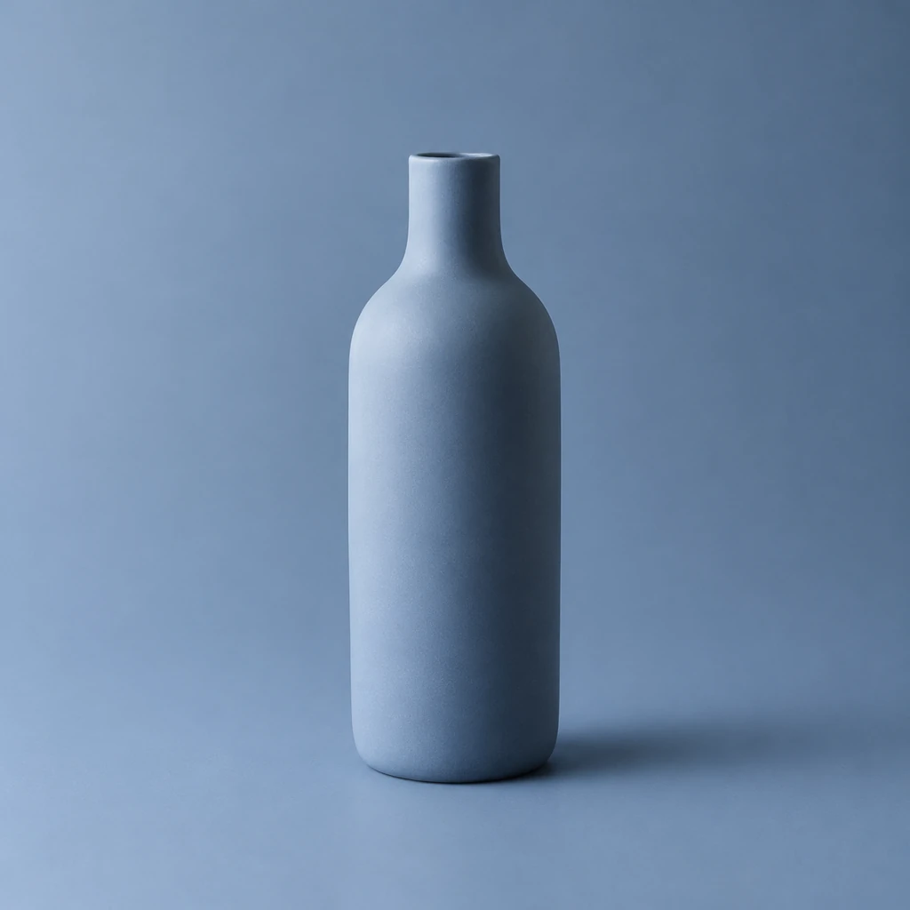 Matte ceramic bottle under cool studio light against a clean blue-gray background.