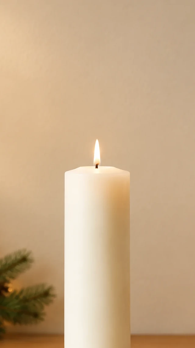 Pillar candle enlarged so its base is cut by the lower frame edge while the flame remains inside.