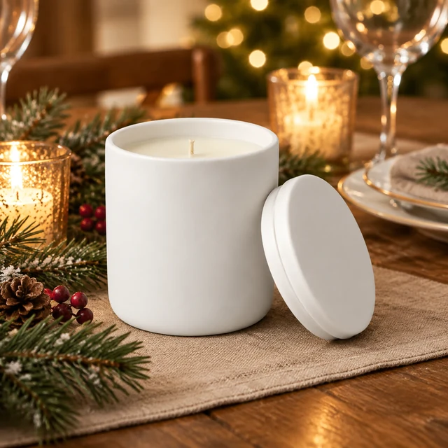 White candle jar on a warm holiday table beside pine branches and soft lights.