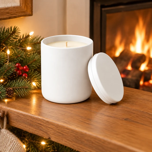 The same white candle jar on a winter mantel beside understated greenery and warm lights.
