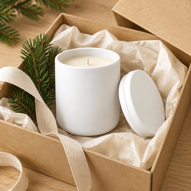 The same white candle jar beside a wrapped kraft gift box and a simple ribbon.