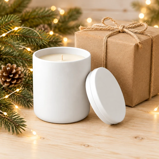 Plain white candle jar nestled in a small open gift box with natural tissue and pine sprigs.