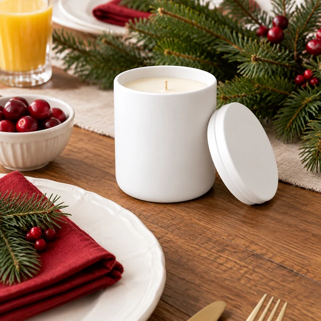 The same white candle jar as part of a restrained holiday brunch table setting.