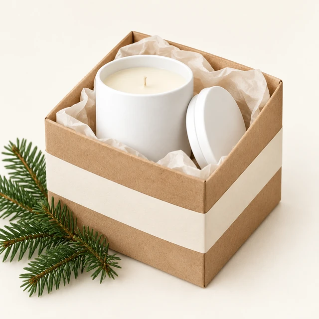 The same white candle jar partially revealed from a gift box with ribbon and pine accents.