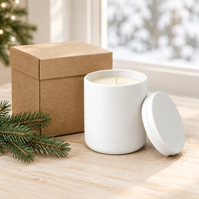 The same white candle jar packed in a protective kraft shipping box with tissue.