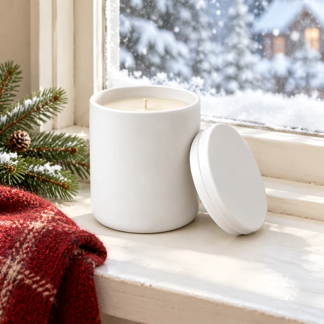 The same white candle jar on a windowsill beside softly falling winter snow.