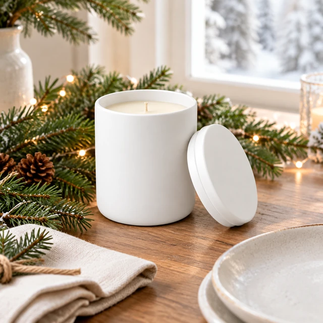 The same white candle jar on a holiday dining table with evergreen branches and folded linen.