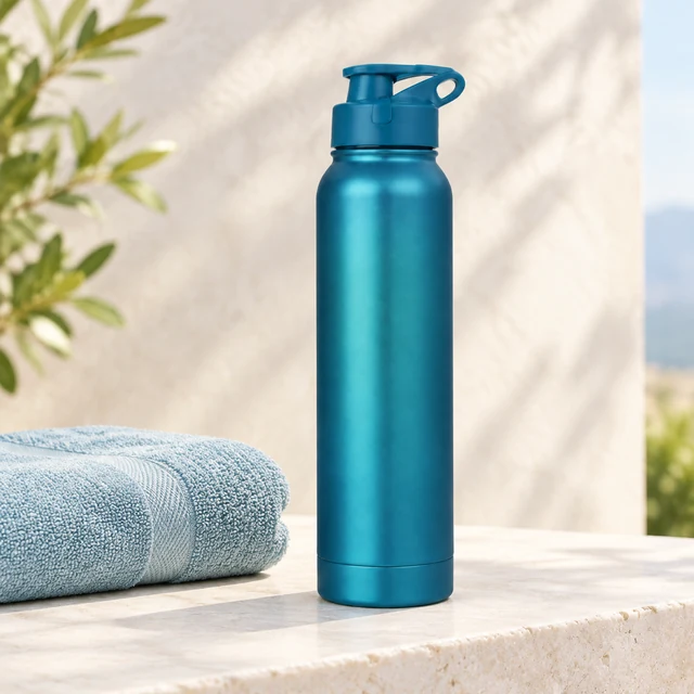 Matte blue water bottle upright on a pale stone ledge beside a folded towel.