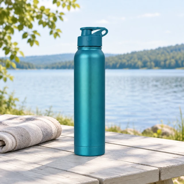 The same matte blue water bottle beside a folded towel in a calm outdoor first-use scene.