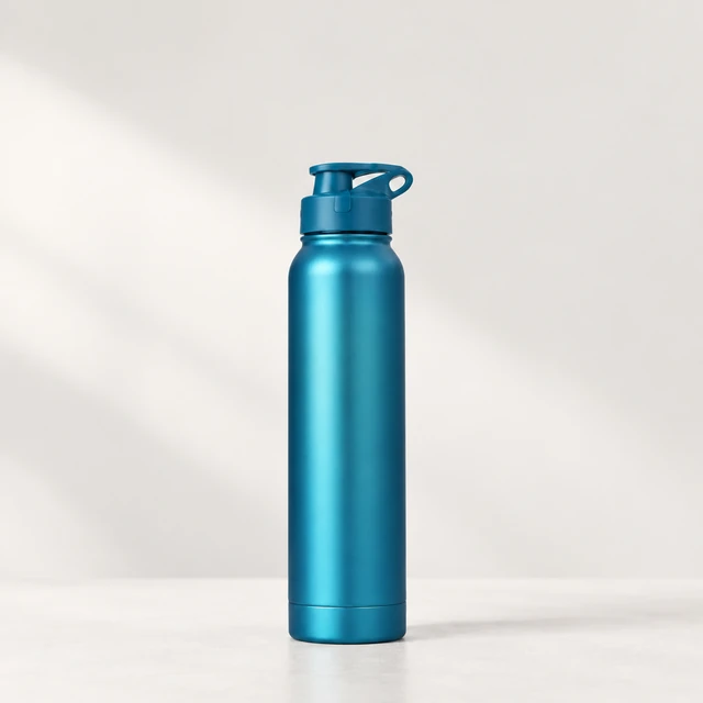 The same matte blue water bottle on a clean studio surface, ready for a product-release image.