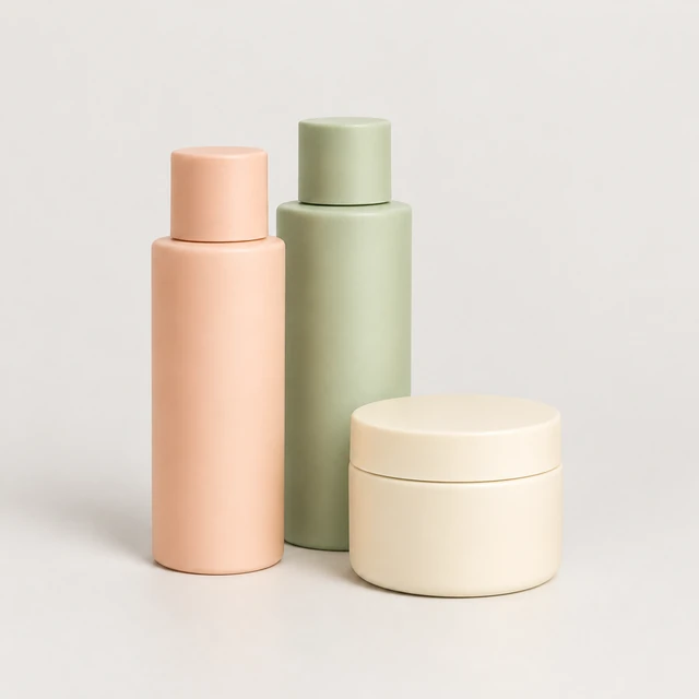 The same three pastel skincare containers grouped in a clean square product scene.