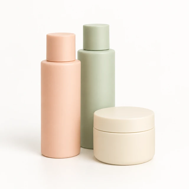Pastel skincare bottles and jars arranged together on a pale studio background.