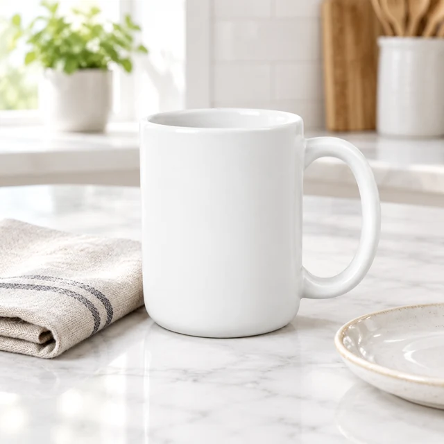 White ceramic mug beside a folded linen napkin and plate on a bright kitchen table.
