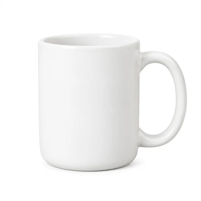 Plain white ceramic mug standing alone on a seamless white background.
