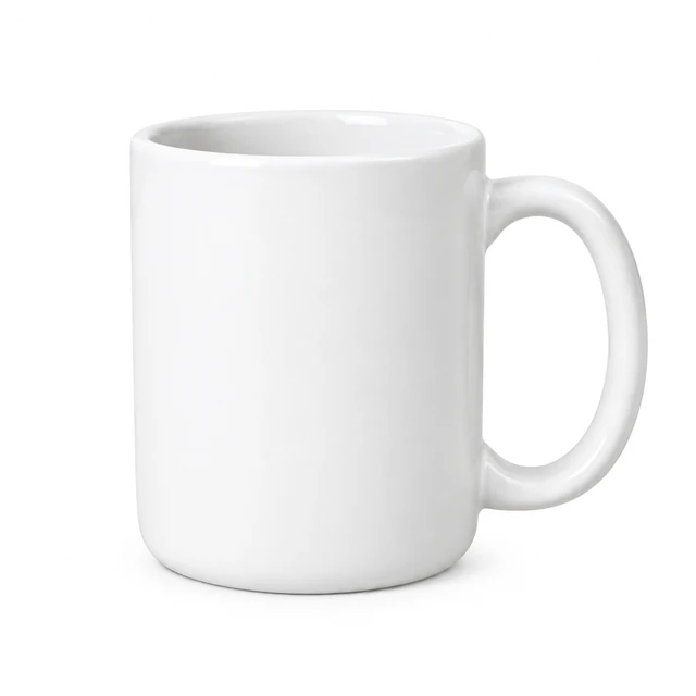 Plain white ceramic mug seen from a distinct three-quarter angle on a seamless white background.