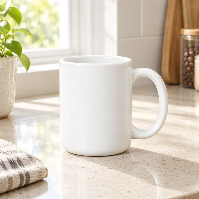White ceramic mug in a bright kitchen lifestyle scene with its handle visible.