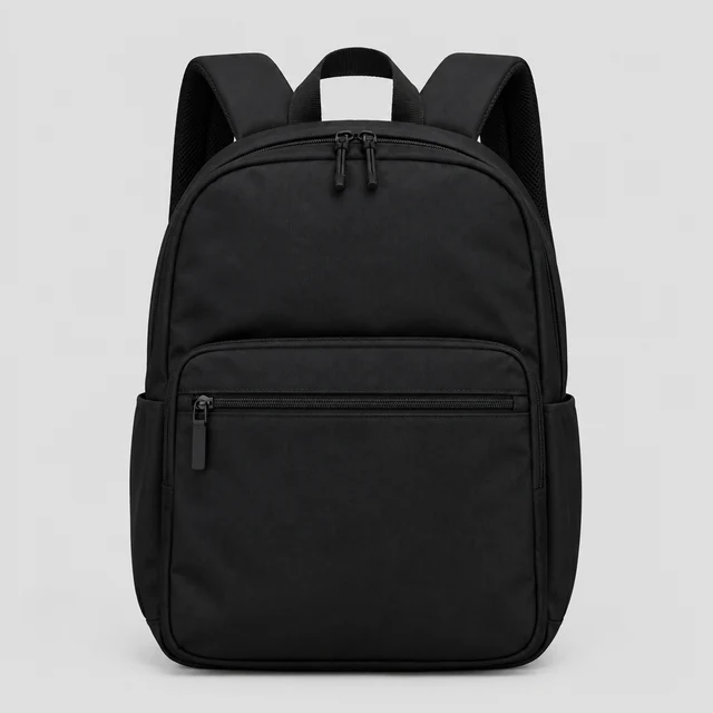 Black commuter backpack, front view, centered on a pale studio background.