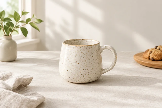 Speckled ceramic cup beside a small plant and linen napkin on a sunlit table.
