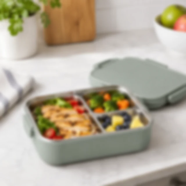 Lunchbox handle and compartments softened out of focus on the counter.