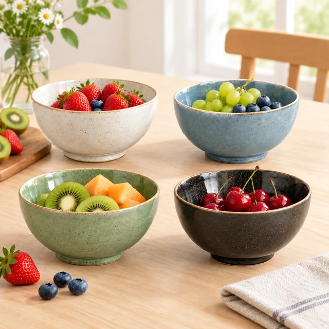 Four coordinated ceramic bowls arranged with fruit on a light dining table.
