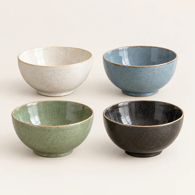 Four ceramic bowls in cream, blue, green, and charcoal glazes on a pale background.