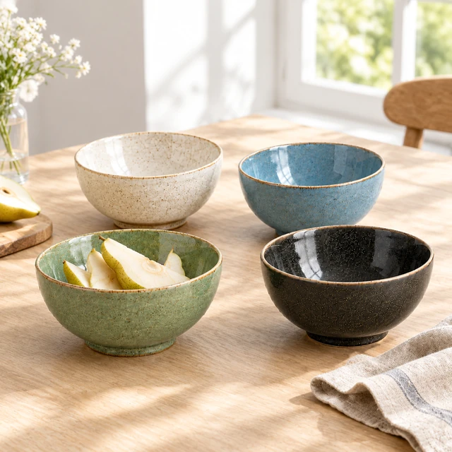 The same four coordinated ceramic bowls in a square weekend brunch table scene.