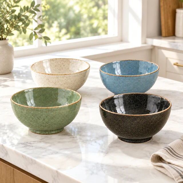The same four coordinated ceramic bowls in a square bright-window breakfast scene.