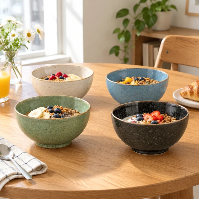The same four cream, blue, green, and charcoal ceramic bowls on a small breakfast table.