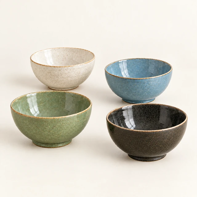 The same four coordinated ceramic bowls arranged as a square collection-page image.