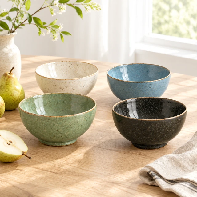 The same four coordinated ceramic bowls arranged on a bright table for a square social post.