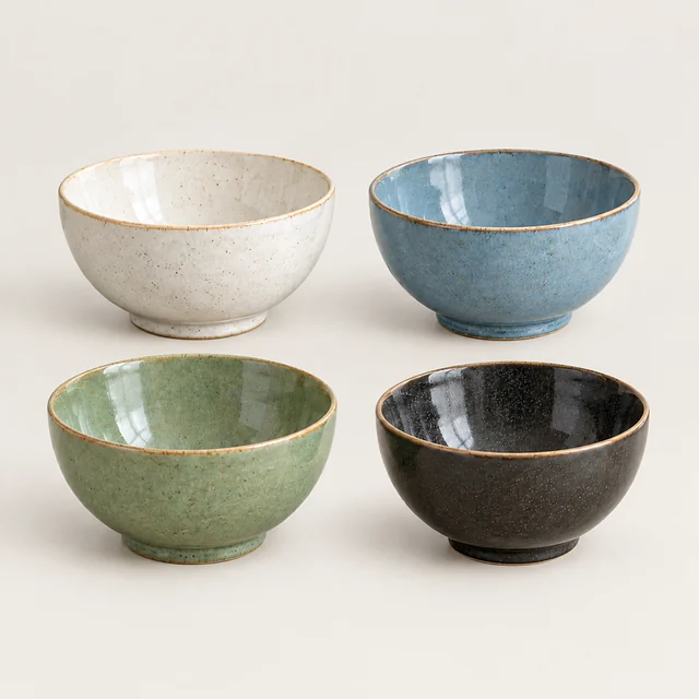 Four coordinated ceramic bowls grouped together in a square product image.