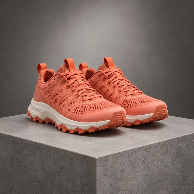 Coral trail running shoes on a gray stone plinth.