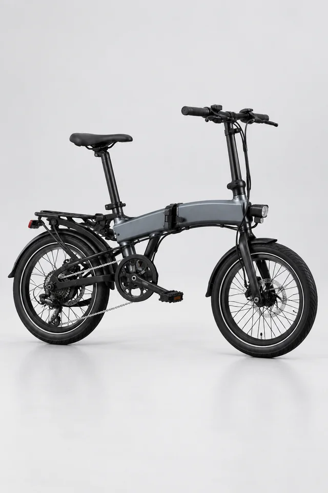 The same gray folding e-bike shown whole in a vertical frame on a pale studio background.