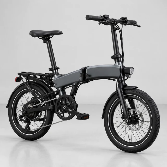 Black folding electric bicycle in side view on a light studio floor.