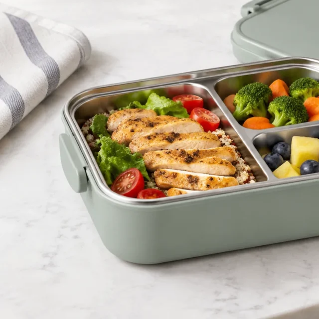 Lunch box with its lid and latch cut off at the frame edge.