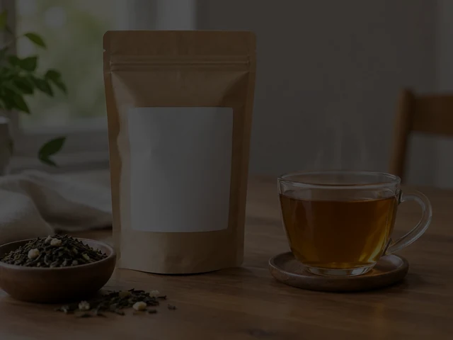 Tea pouch and cup in dim light with the front label hard to read.
