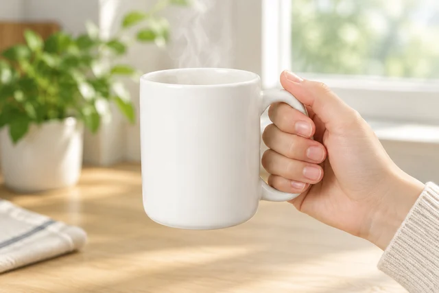 Hand lifting a white ceramic mug of coffee off a wooden counter.