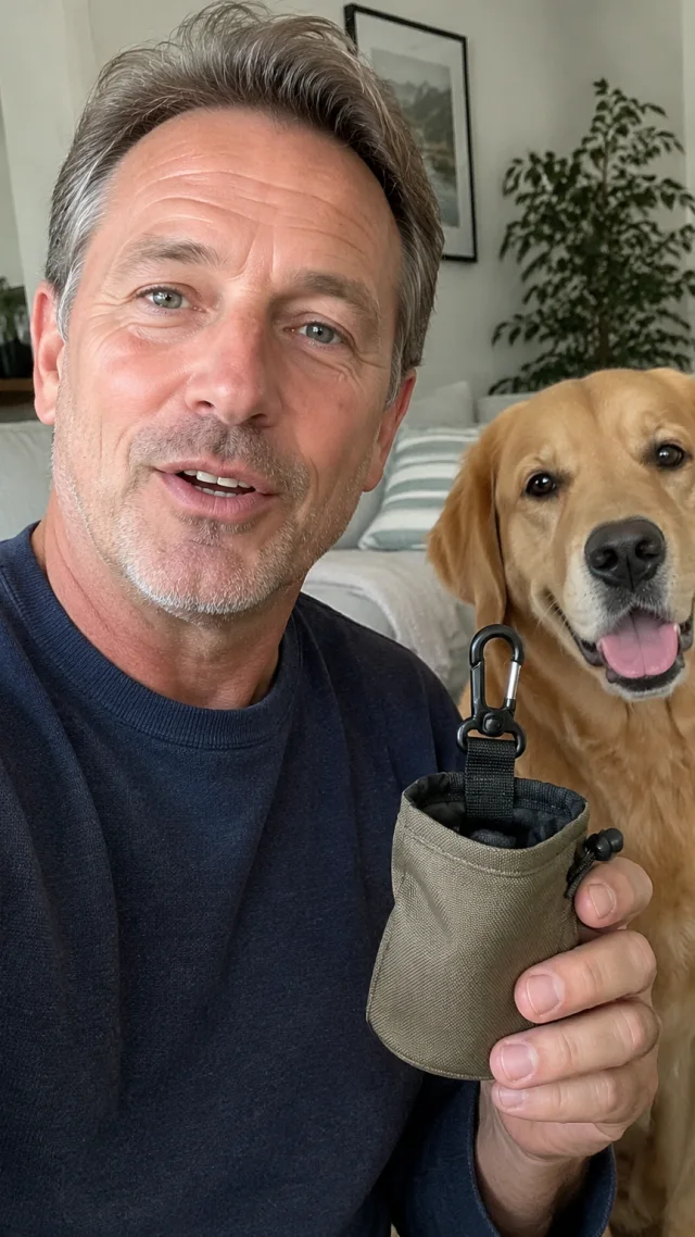 an adult white man in his late fifties in a pet setting speaks to camera while holding a plain treat pouch with a leash attachment.