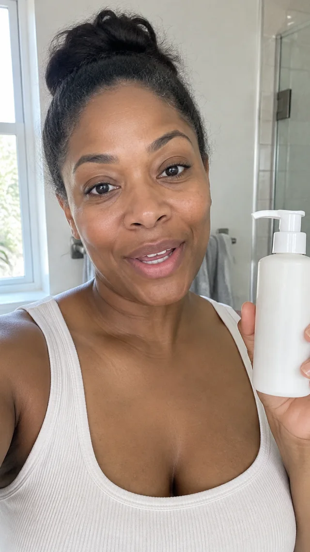 an adult Black woman in her early forties in a bathroom setting speaks to camera while holding a plain plain cleanser pump bottle.