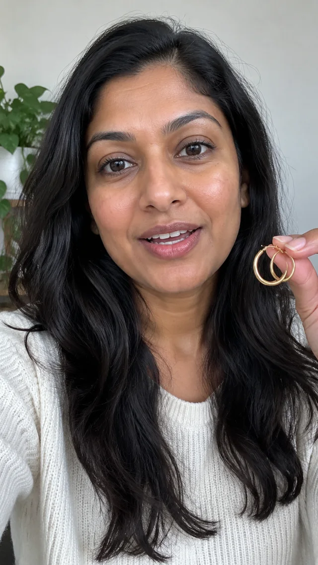 an adult South Asian woman in her late thirties in a studio setting speaks to camera while holding a plain pair of simple gold-tone hoop earrings.